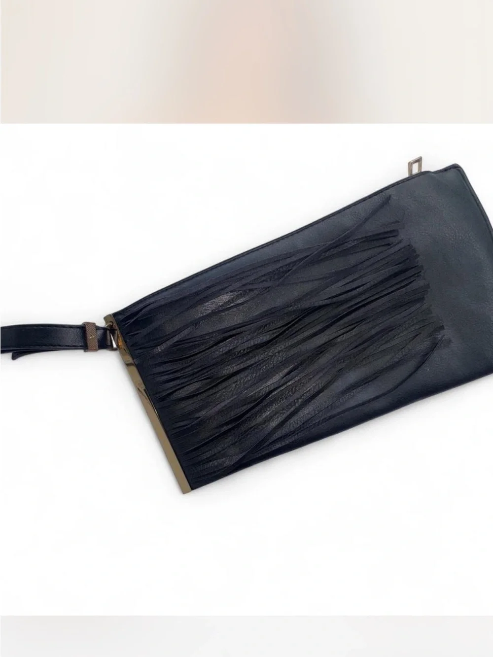 Ethele & Myrtle Inc Black Fringe Wristlet Clutch Boho Festival Y2K Gold Hardware